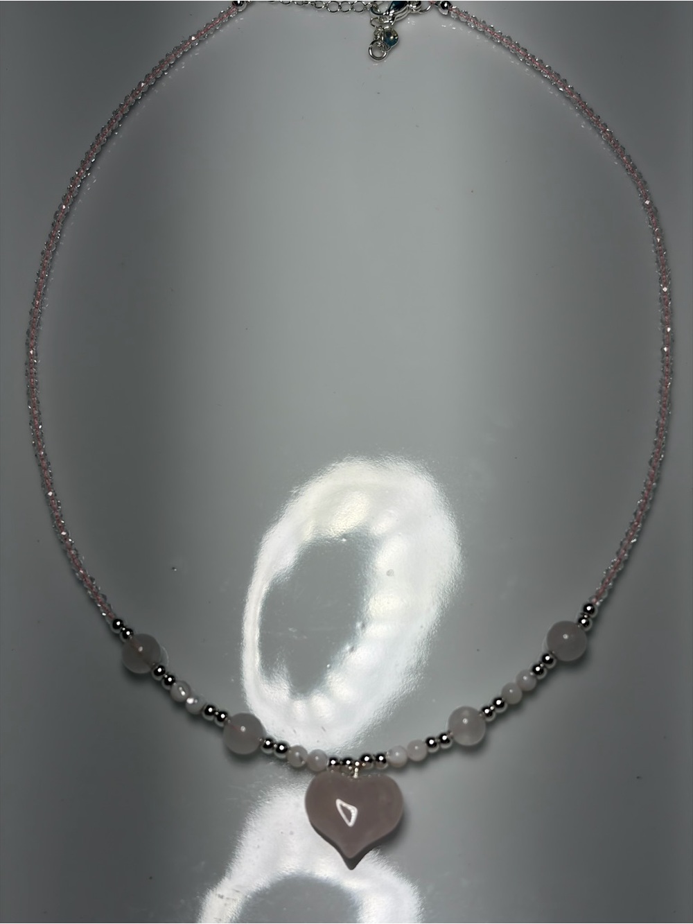 Hand Crafted Pink Quarts Beaded Necklace with Heart Pendant- Choker